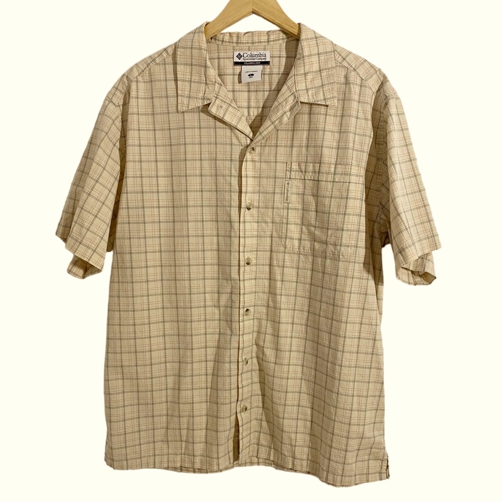 Columbia Men’s Beige Brown & Orange Plaid Short Sleeve Button Down Shirt, Large